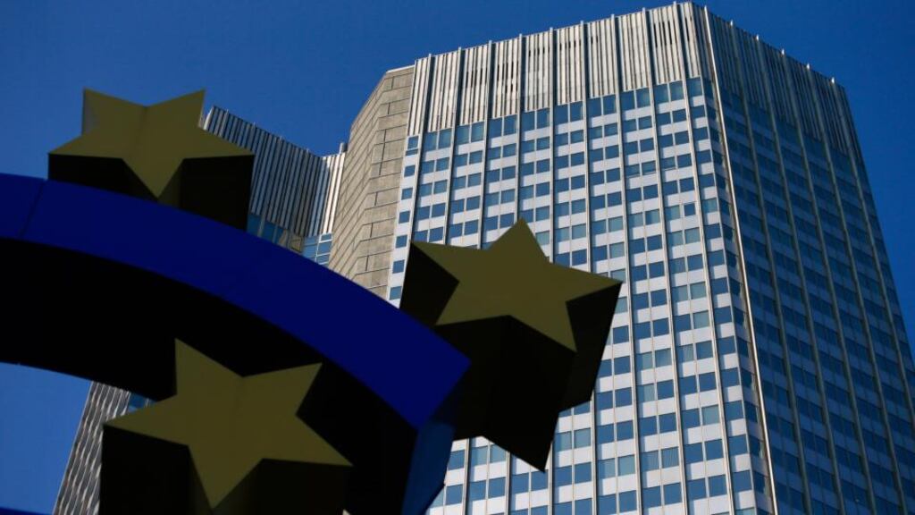 The headquarters of the European Central Bank (ECB) stands beyond a euro sign sculpture in Frankfurt, Germany. Euro-area inflation unexpectedly slowed in July to the weakest in almost five years, underscoring the ECB’s concerns that the economy is too feeble to drive price growth. Photo: Bloomberg