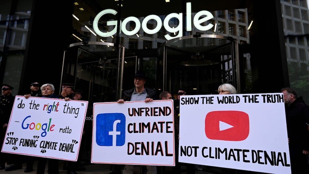 Climate activists protest outside Google offices in 2019. Photograph: Paul Ellis/AFP via Getty