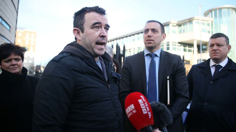 Ciaran Fox, son of Eamon Fox who was shot dead by the UVF, speaking outside Laganside Courts in Belfast where a sentencing hearing for loyalist supergrass Gary Haggarty is taking place. Photograph: Brian Lawless/PA Wire.