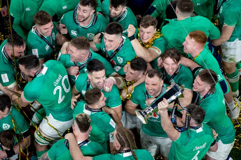 Ireland celebrate winning the 2024 Guinness Six Nations Championship. Photograph: Morgan Treacy/Inpho