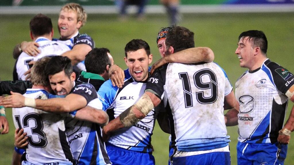 Ecstatic Connacht players celebrate their wonderful Heineken Cup Pool 3 victory over Toulouse in their own Ernest Wallon stadium stronghold in southwestern France. Photograph: Remy Gabalda/AFP Photo/ Getty Images)