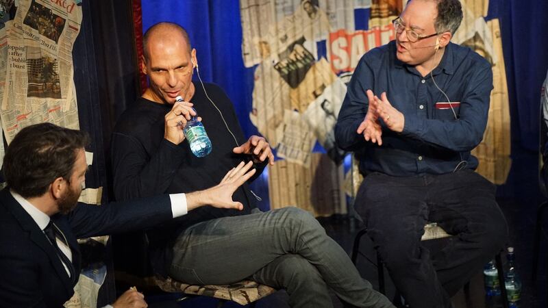 Colm O’Regan, Yanis Varoufakis, Gideon Rachman. Photograph: Alina Kisina