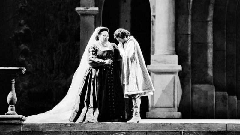 Spanish soprano Montserrat Caballe (L) and Italian baritone Piero Capucilli perform in Giuseppe Verdi’s “Simon Boccanegra” on stage of the Choregies festival, in Orange, southern France on July 13, 1985. Photograph: GERARD FOUET/AFP/Getty Images