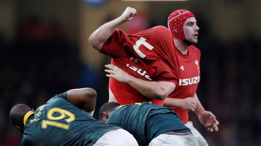 Wales’ Scott Andrews after his shirt is pulled over his head. Photograph: Andrew Boyers/Reuters