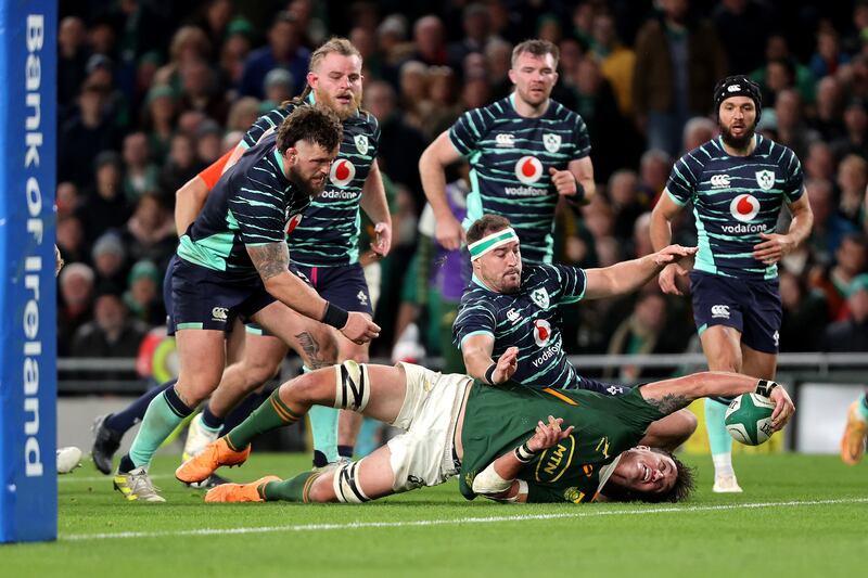 South Africa’s Franco Mostert scores a try. Photograph: Bryan Keane/Inpho