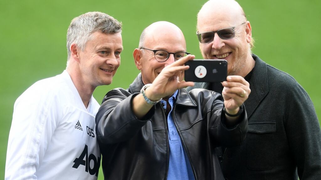 United manager Ole Gunnar Solskjaer with Avram Glazer and Joel Glazer, owners of Manchester United, prior to a training session  at Camp Nou  in Barcelona. Photograph: Spain.  Michael Regan/Getty Images
