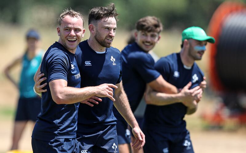 Niall Comerford and Hugo Keenan in training with Ireland's Sevens team on Wednesday. Photograph: Martin Seras Lima/Inpho