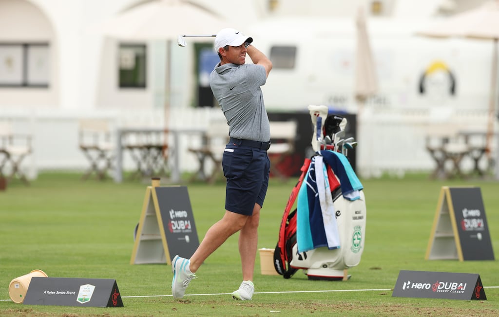 Rory McIlroy in action on the driving range prior to the Hero Dubai Desert Classic at Emirates Golf Club in Dubai, United Arab Emirates. Photograph: Luke Walker/Getty Images