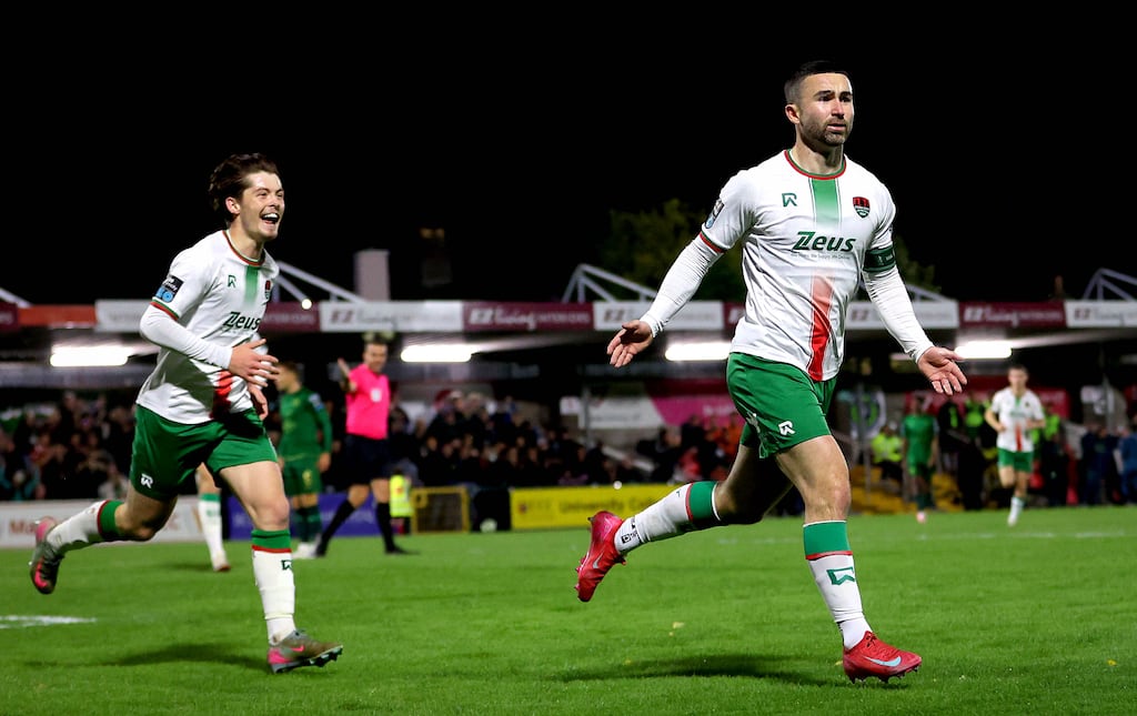Seanie Maguire celebrates scoring Cork City's opening goal. Photograph: Ryan Byrne/Inpho