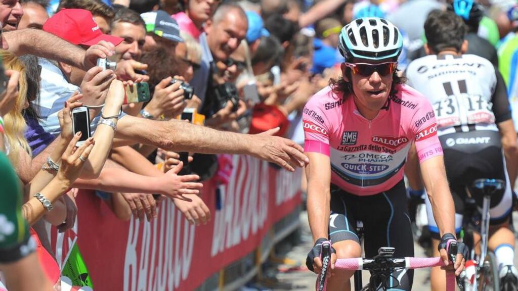 Race leader Rigoberto Uran of the Omega Pharma Quick Step would appear to be at an advantage in today’s stage of the Giro d’Italia, which includes three major climbs, as he and his fellow Colombians are more accustomed to riding at altitude. Photograph: Luca Zennaro/EPA
