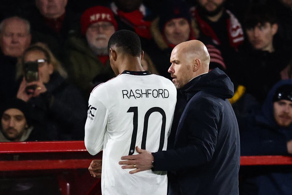Manchester United manager Erik ten Hag with Marcus Rashford during last night's 3-0 win over Nottingham Forest. Photograph: Getty Images