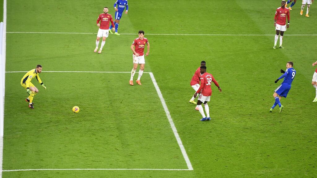 Leicester’s late goal against Manchester United makes it 2-2. Photograph: EPA