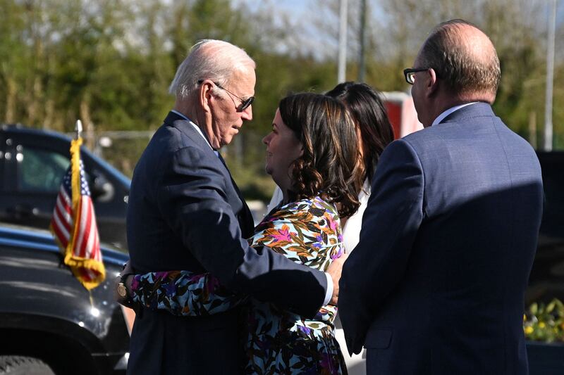 Joe Biden embraces his cousin Laurita Blewitt outside Mayo Roscommon Hospice and Palliative Care Center on Friday. Photograph: Jim Watson/AFP/Getty