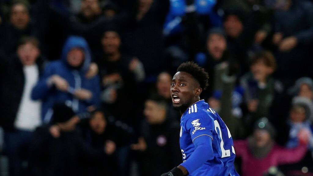 Leicester City’s Wilfred Ndidi celebrates scoring their late equaliser in the Premier League draw with West Ham United. Photo: Andrew Yates/Reuters
