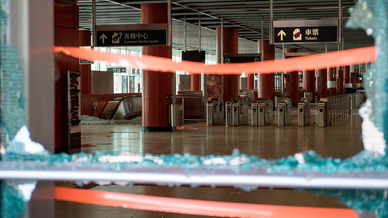 Shattered glass and damaged turnstiles at a metro station in Tseung Kwan O, a residential area in Hong Kong on Saturday morning. Photograph: Getty