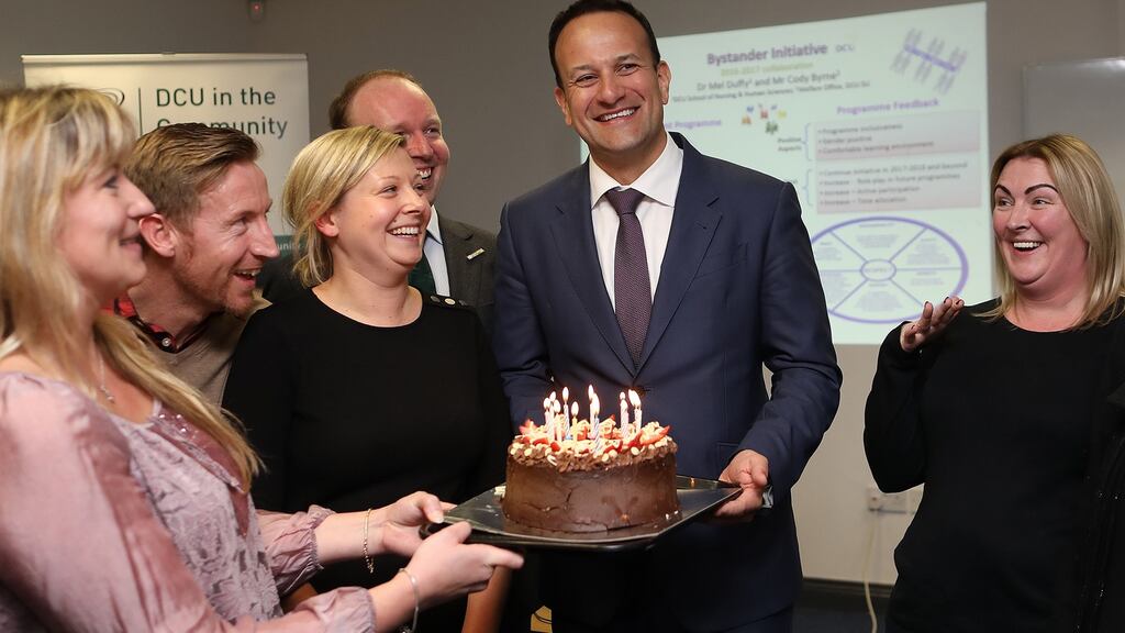 Taoiseach Leo Varadkar receiving a birthday cake on his 40th from DCU students and staff on Friday. Photograph: Julien Behal Photography