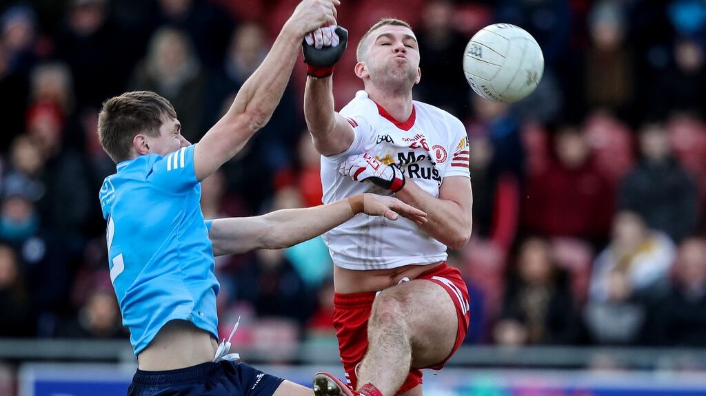 Dublin’s Michael Fitzsimons challenges for the ball with Michael Conroy of Tyrone during the Allianz Football League Division One match at O’Neill’s Healy Park in Omagh. Photograph: Evan Treacy/Inpho