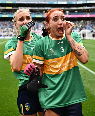 Charlene Tyrrell, right, and Áine Redican of Leitrim celebrate after the  All-Ireland intermediate final win over Tyrone at Croke Park. Photograph: Piaras Ó Mídheach/Sportsfile