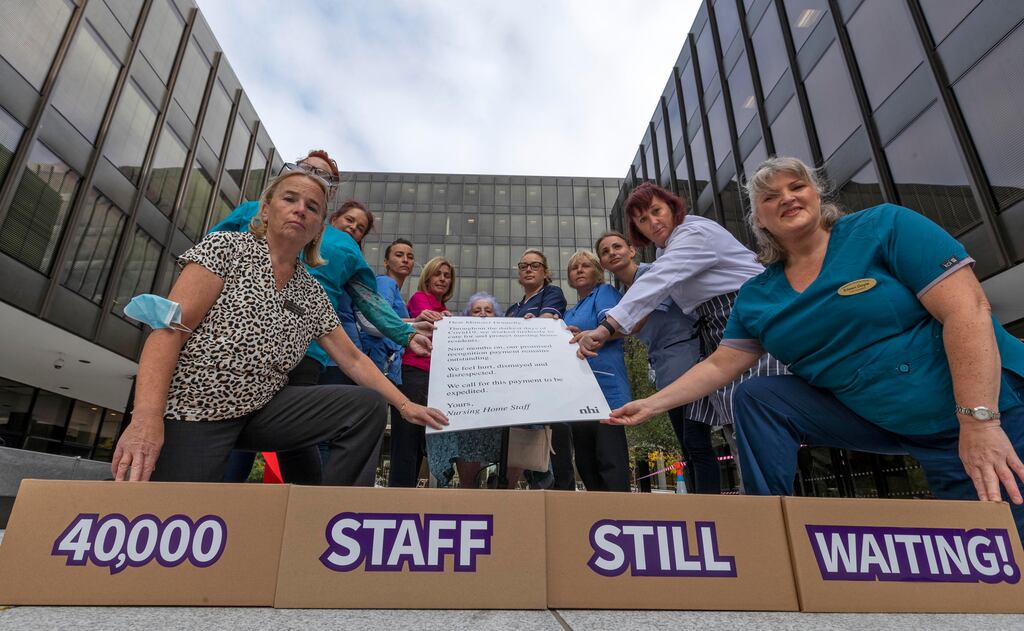 Staff from private and voluntary nursing homes at a protest in October at the Department of Health over not receiving the the Covid-19 pandemic payment. Photograph: Colin Keegan, Collins Dublin