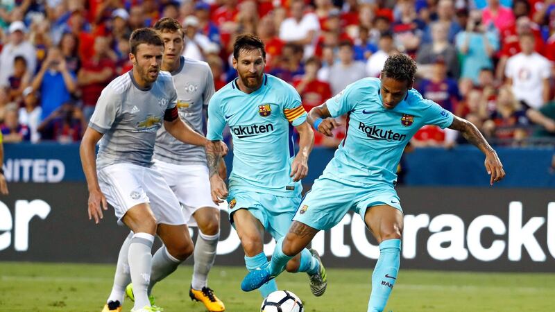 Neymar scores the only goal of the game as Barcelona edged out Manchester United in Washington DC. Photograph: Patrick Semansky/AP