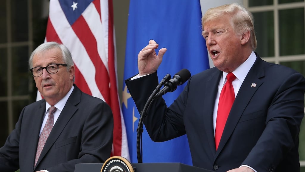 US president Donald Trump and European Commission president Jean-Claude Juncker delivering a joint statement on trade outside the White House on Wednesday. Photograph:  Win McNamee/Getty Images