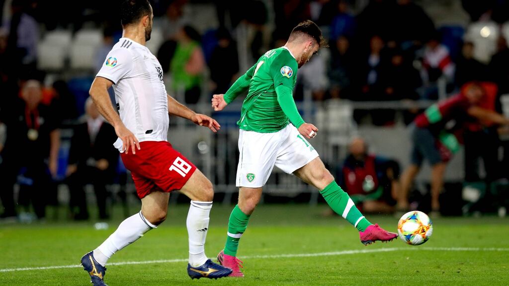 Ireland’s Aaron Connolly shoots on goal in stoppage time at the end of the Euro 2020 Group D game against Georgia at the Boris Paichadze Arena in Tbilisi. Photograph: Ryan Byrne/Inpho