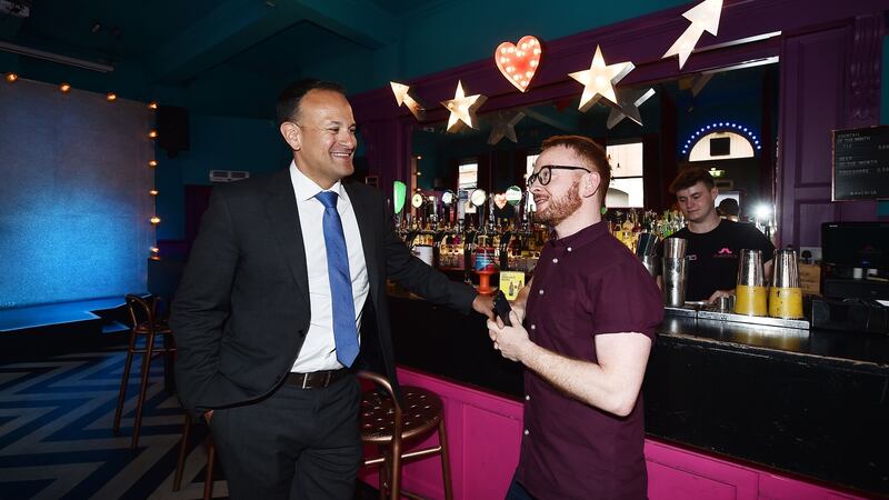 Taoiseach Leo Varadkar  chats to Maverick bar manager Mark Hassan in Belfast. Photograph: Charles McQuillan/Getty Images