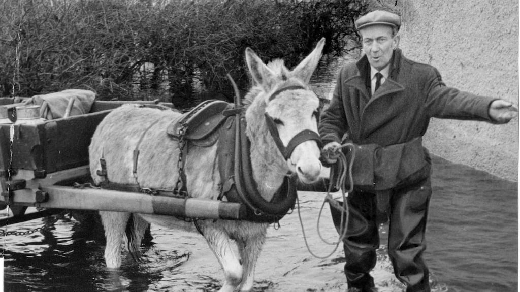 December 31st, 1959 : a farmer leads his donkey and cart through the flooding in Athlone. Photograph: Kevin McMahon