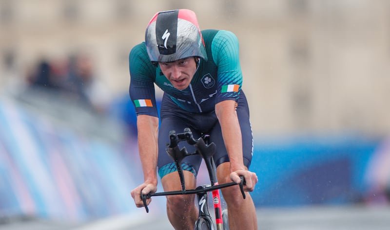 Ireland’s Ryan Mullen crosses the line in the men's individual time trial in Paris. Photograph: James Crombie/Inpho