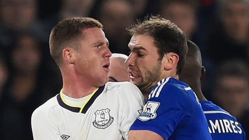 Chelsea’s Branislav Ivanovic clashes with James McCarthy at Stamford Bridge. Photograph: Mike Hewitt/Getty Images