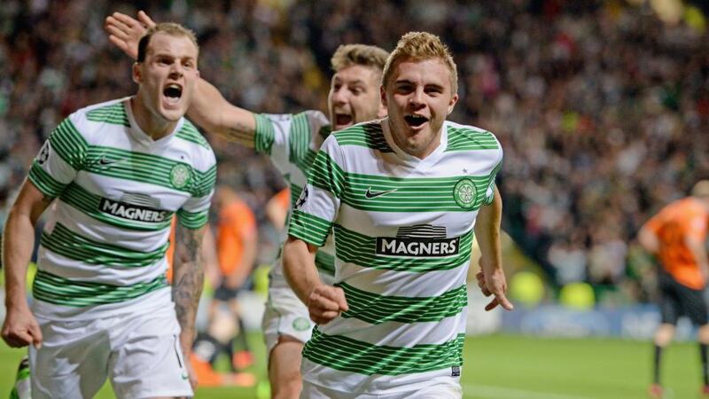 Celtic’s reward for their play-off win over Shakhter Karagandy is a place in Group H alongside Barcelona, AC Milan and Ajax. Photograph: Jeff J Mitchell/Getty Images