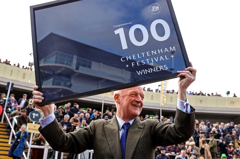 Trainer Willie Mullins celebrates 100 Cheltenham Festival winners. Photograph: Tom Maher/Innpho