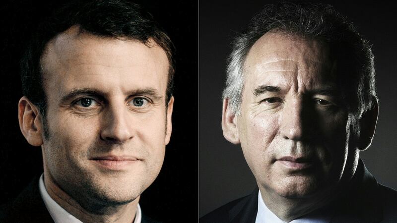 French presidential election candidate Emmanuel Macron and heavyweight centrist François Bayrou, who has offered to support Mr Macron. Photograph: Joel Saget/AFP/Getty Images
