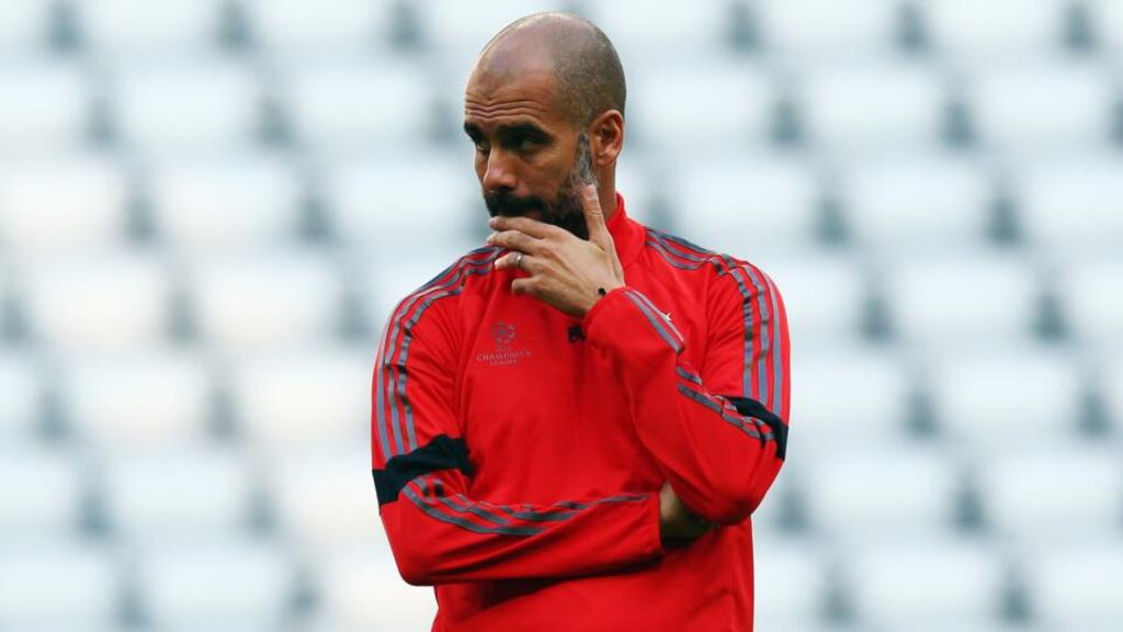 Pep Guardiola oversees Bayern Munich training ahead of their Uefa Champions League Group E match against Manchester City at Allianz Arena. Photograph: Alex Grimm/Bongarts/Getty Images
