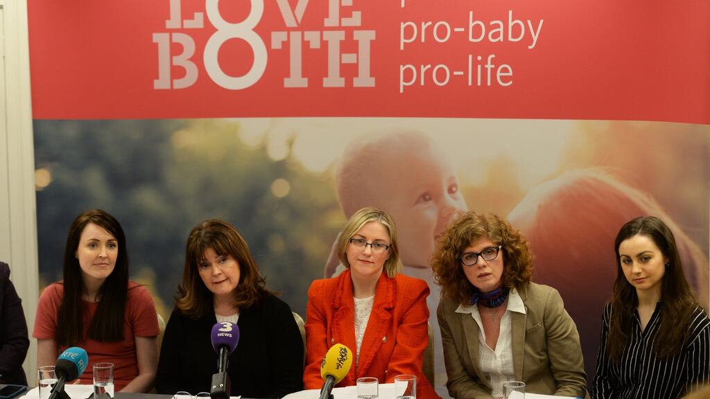 Attending the anti-abortion press conference on Friday: from left, Áine Kierans, Caroline Simons, Cora Sherlock, Liz Mc Dermott and Katie Ascough. Photograph: Cyril Byrne/THE IRISH TIMES