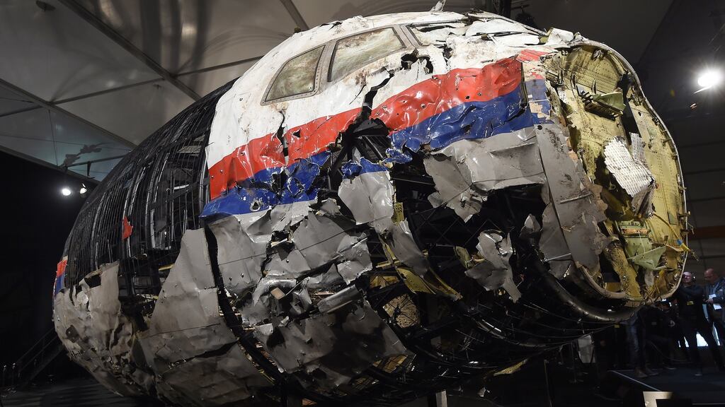 The wrecked cockpit of Flight MH17 during a presentation of the final report into the aircraft’s crash. Photograph: AFP Photo/Emmanuel Dunand