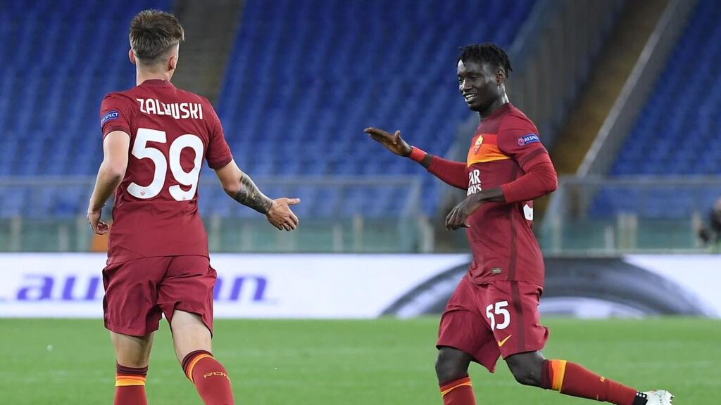 AS Roma’s Nicola Zalewski celebrates after scoring against Manchester United at the Olimpico stadium. Photograph: EPA