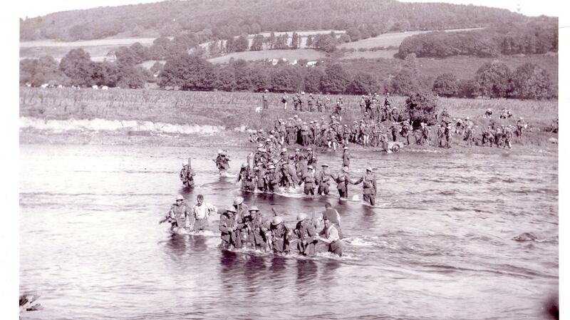 Infantry crossing the River Blackwater during the August-September 1942 Blackwater Exercise, held to prepare the Defence Forces to resist a possible German invasion along the southern coast (Military Archives)