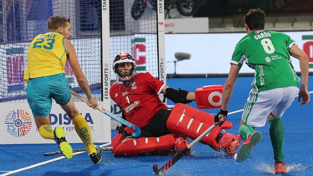 David Harte saves from Daniel Beale during Ireland’s opening World Cup defeat to Australia. Photograph: Harish Tyagi/EPA