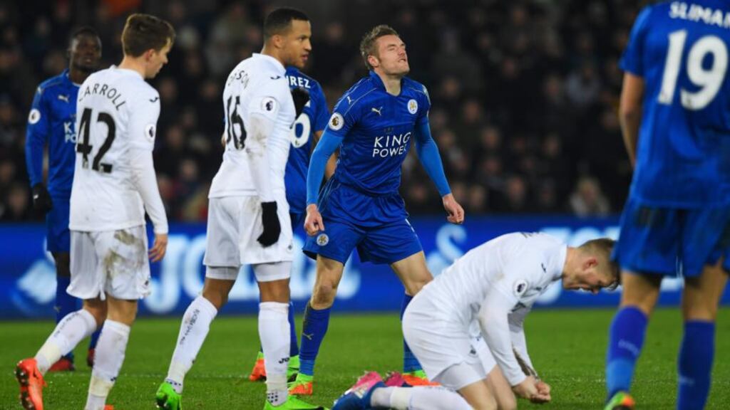 Leicester’s Jamie Vardy has failed to replicate last season’s form . Photograph: Stu Forster/Getty Images