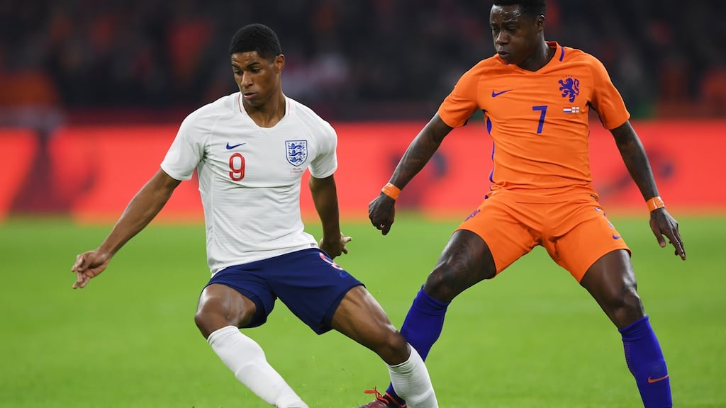 England’s Marcus Rashford in action against Holland. Photograph: Shaun Botterill/Getty