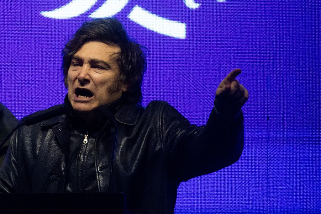 President of Argentina Javier Milei gives a speech during a campaign rally at Club Villa Angela on September 3rd in Moreno, Argentina. Photograph: Tomas Cuesta/Getty