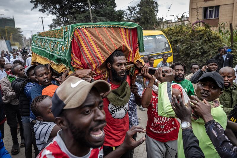 Mourners in Nairobi carry the body of Ibrahim Kamau (19), who was one of the protesters killed at the Kenyan parliament during protests against a tax increase. Photograph: Luis Tato/AFP via Getty Images
