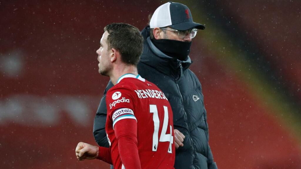 Jurgen Klopp’s injury-hit team have relied on Jordan Henderson and Fabinho to fill holes in defence along with youngsters. Photograph: EPA