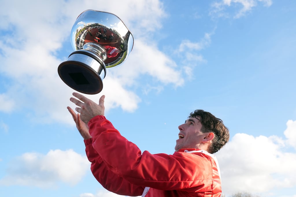Jockey Darragh O’Keeffe celebrates after winning the BetVictor Champion Chase on Envoi Allen at Down Royal last Saturday. Photograph: Brian Lawless/PA