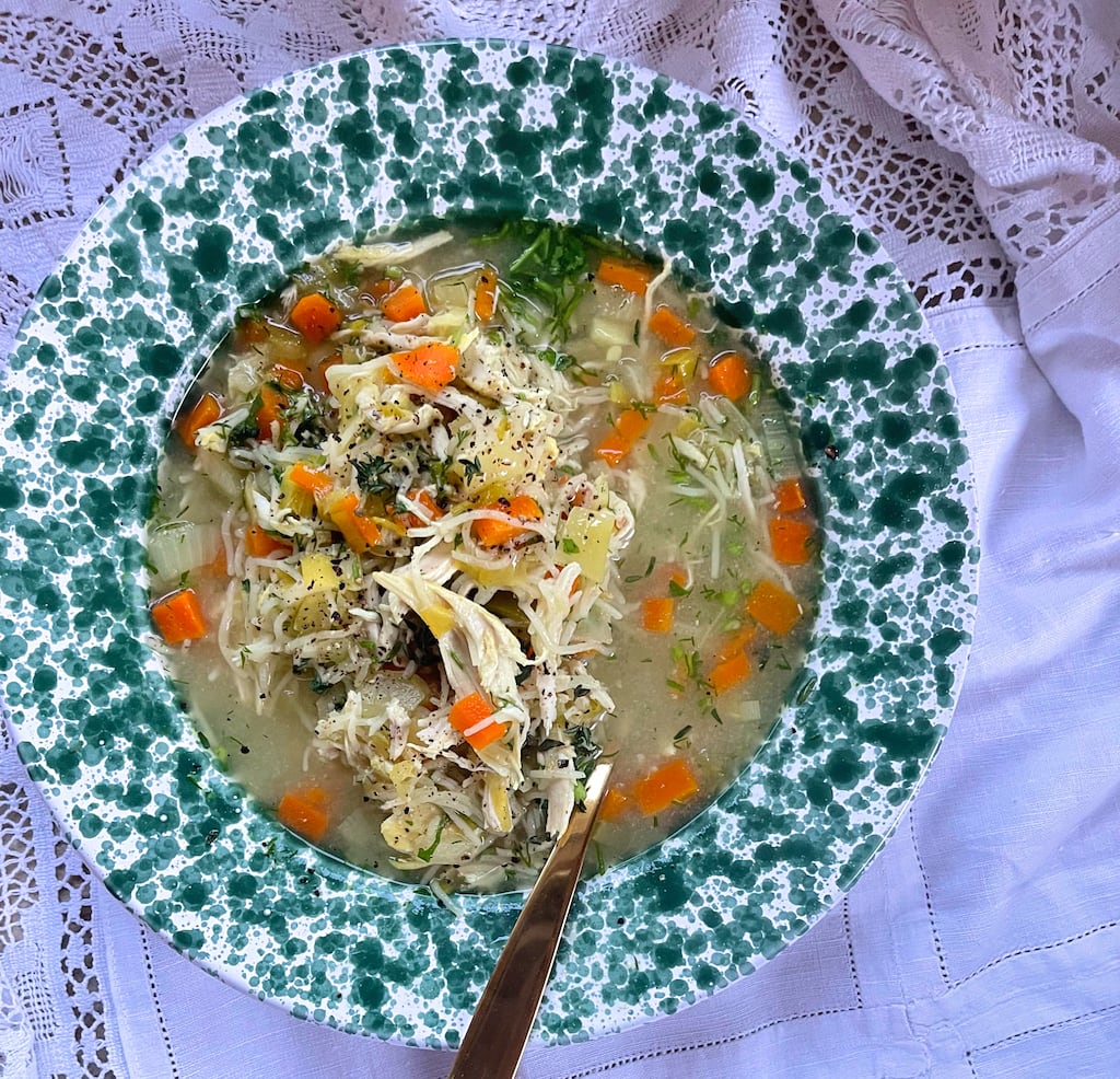 Slow cooker chicken noodle soup: a great way to use up leftovers, too. Any shredded chicken, pork or turkey can be used