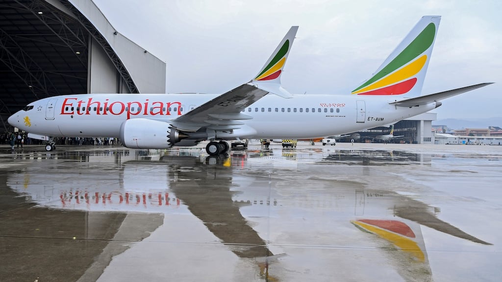An Ethiopian Airlines Boeing 737 Max 8 (ET-AVM), the same type of aircraft which crashed iafter taking off from Addis Ababa in Ethiopia. Photograph: EPA/STR