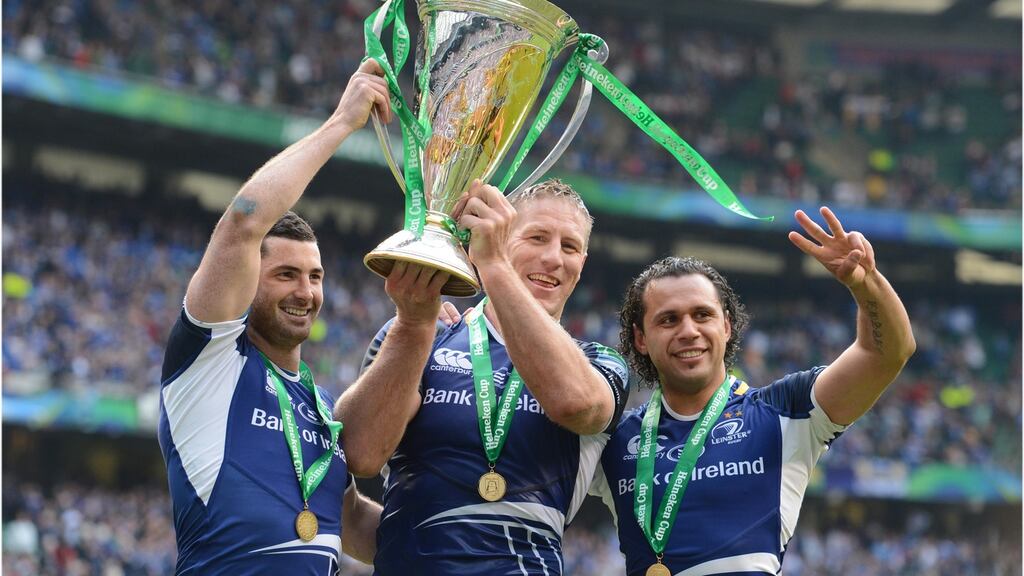 Rob Kearney, Brad Thorn and Isa Nacewa celebrate after beating Ulster in the 2012 Heineken Cup Final at Twickenham. Photographer: Dara Mac Dónaill