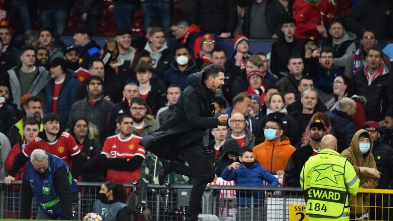 Atlético Madrid’s head coach Diego Simeone endures the ire of the Manchester United supporters after his side’s victory at Old Trafford. Photograph: Peter powell/EPA