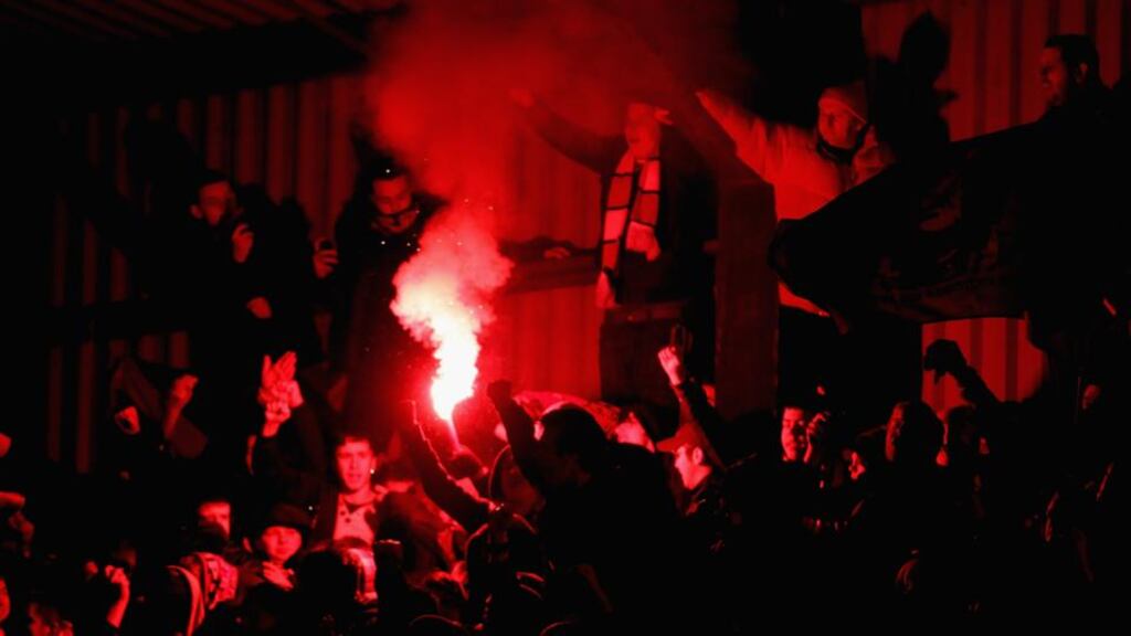 FC United fans during an FA Cup game against Brighton at Gigg Lane. The club will move into their own 5,000-capacity stadium in Moston, north Manchester in September. Photograph: Ross Kinnaird/Getty Images